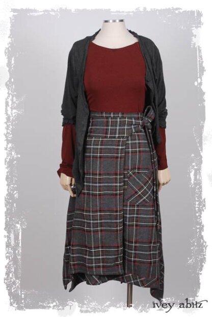 Elliot Jacket in Everyday Grey Sporting Knit; Elliot Shirt in Springrose Sporting Knit; Highlands Skirt in Springrose Plaid Weave.  Ivey Abitz Capsule Collection 2019-1 Look 2