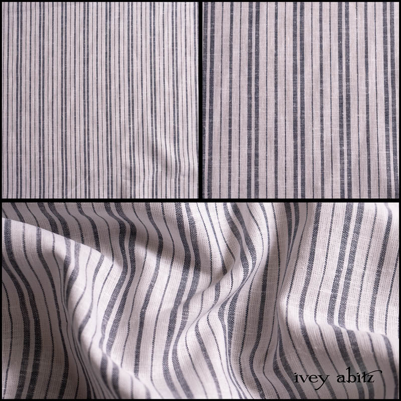 Description: Muted navy and soft whites mixed together have a bold presence without completely taking over the body. That is why we are so smitten with this stripe weave. The two hues are cross woven together to create texture and depth. We have put it through an additional washing process to enhance the softness. It is ideal for layering frocks, shirts, lightweight trousers, sashes, and a selection of our duster coats. Opaque and breathable, it is a good choice for layering in cooler seasons or on its own in warmer temperatures for the hottest summer days. It is thicker than a handkerchief linen and less voluminous than our wondrous washed linens. Content: Linen with a hint of cotton, woven in Europe. All season weave. Care: Simply hand wash or put through machine delicate cycle in cold water with a plant based detergent. We suggest using a natural fabric softener to maintain the softness we have washed into it. Tumble dry on extra-low heat with our artisan wool dryer balls to keep the relaxed effect that is featured in the Look Book. If you are the least bit concerned about any fabric weight or hue, order the fabric swatch portfolio so you can have them in hand whilst you decide. They will answer all of your questions!