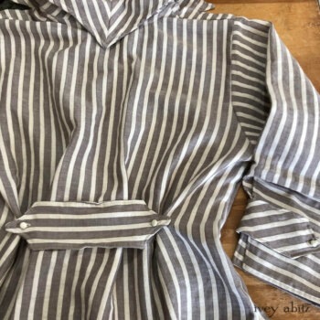 Back view of a Baedeker Shirt in a sold out weave. Adorned with antique wooden composition buttons from the early 1900s.