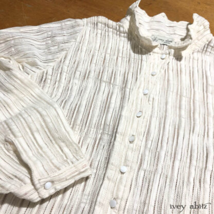 Crest Shirt in a striped weave. Adorned with antique wooden composition buttons, circa early 1900s.