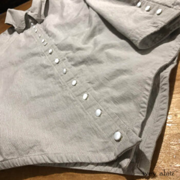 Camille Shirt, a staple IA design. Pinstripe cotton with antique glass buttons.