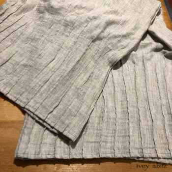 Intricate pin tucks along the bottom hem of the Lydia Trousers. Shown in a weave that sold out during the first days of a midsummer collection.