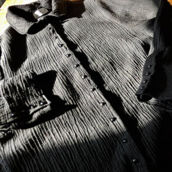 Truitt Shirt Jacket in a stunning crinkled weave. Adorned with antique wooden composition buttons, circa early 1900s.