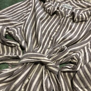 Grasmere Shirt in a sold out striped weave. Adorned with antique wooden composition buttons from the early 1900s.