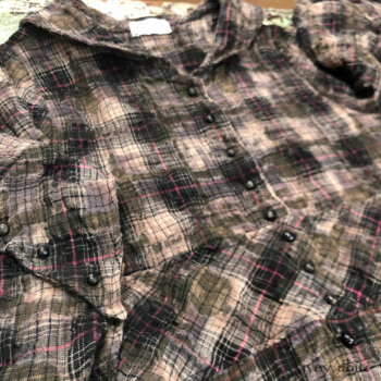 Front view of an Anabel Coat Dress in a sold out plaid. Adorned with antique wooden composition buttons, circa early 1900s.