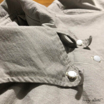 Camille Shirt, a staple IA design. Pinstripe cotton with antique glass buttons.