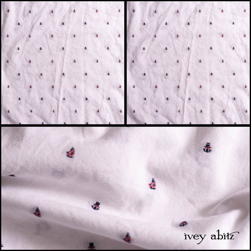 Description: Preppies do not own the sailboat motif, and here is proof of it. We are taking it back for our own use of function and form. Tiny hopeful anchors and sailboats are embroidered onto the Sailcloth white cotton background. It is playful without being too cutesy. At first glance, you might not even notice the embroidered design. But look more closely, and you will see a nod to the fishing villages that make Cape Cod... well, Cape Cod. Content: 100 percent cotton. All season weave. Care: Simply hand wash or put through machine delicate cycle in cold water with a plant based detergent. We suggest using a natural fabric softener to maintain the softness we have washed into it. Tumble dry on extra-low heat with our artisan wool dryer balls to keep the relaxed effect that is featured in the Look Book.