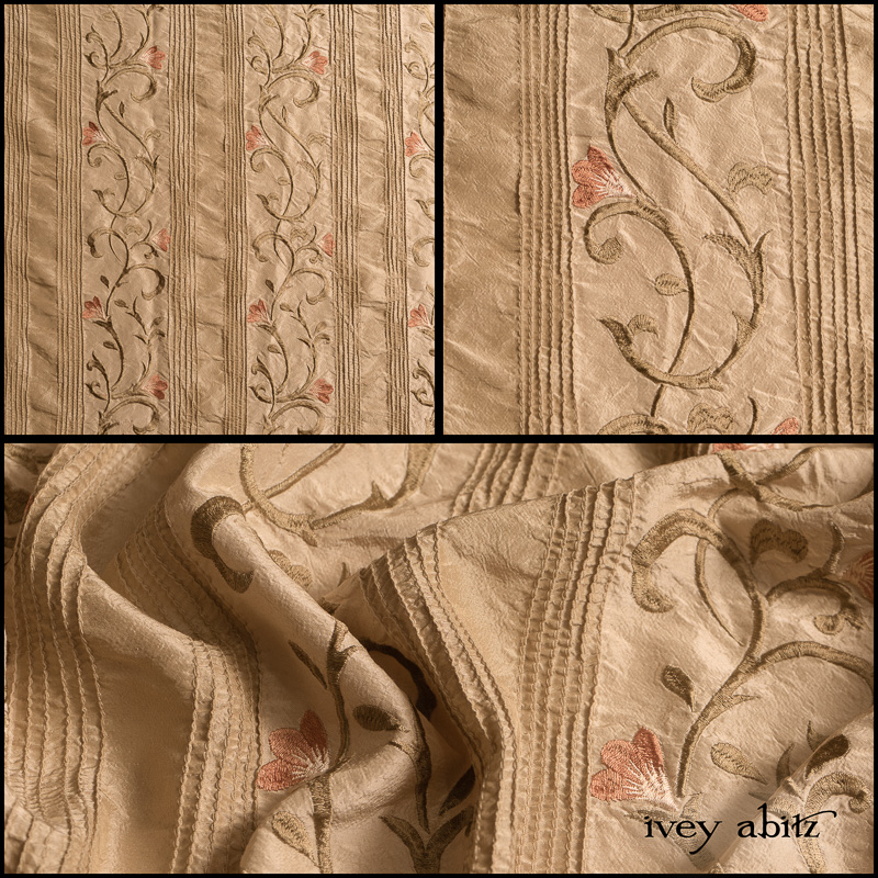 Description: Are you ready? Here is an heirloom and museum quality weave to add to your Ivey Abitz wardrobe. Embroidered silks are rare and stunning. Paired with pin tucks, though? Together, they make this weave even more rare and jaw-dropping special. To make it even more extraordinary, we have put it through special washings to bring out the texture and softness of this divine silk. Content: 100 percent silk, woven and embroidered in India. All season weave. Care: Simply hand wash or put through machine delicate cycle in cold water with a plant based detergent. We suggest using a natural fabric softener to maintain the softness we have washed into it. Tumble dry on extra-low heat with our artisan wool dryer balls to keep the relaxed effect that is featured in the Look Book.