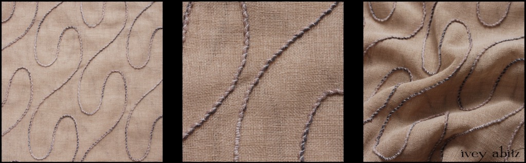 Stone Cottage Embroidered Gauze - Description: The scrollwork design is reminiscent of ironwork in historic gates and fences, and it's cleverly attached to the linen gauze base. The petite cording is wrapped in threads, and those threads get sewn down into the gauze base. A mix of our Stone Cottage hue with a hint of cream and light grey. This weave has been set aside for our layering frocks: The Glenclyffe, Nook, Wildefield, and Wrennie.
