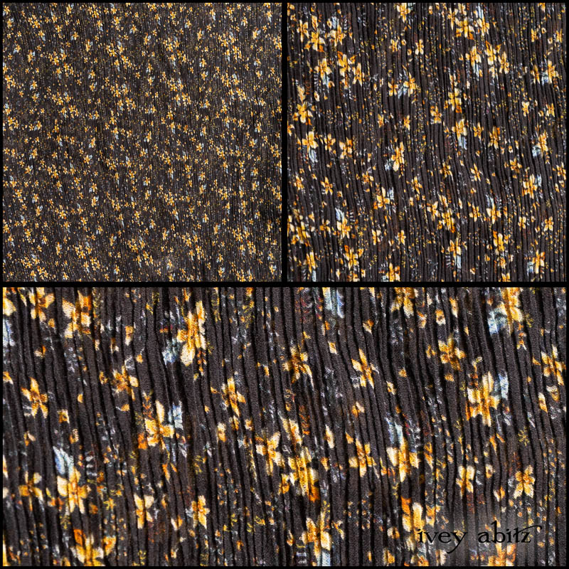 Description: This is a floral take on Cape Cod's palette and infinite beauty. A splash of yellow is necessary for an undeniable hue of happiness. It is contrasted with a calming blue and stunning black background. The muted vine-like spatter motif is a nod to the classic spatter paint floors that are ubiquitous in historic Cape Cod homes. Because of the texture in the crinkled effect, this lovely silk fabric has a bit of give to it. It will give you some leeway in terms of fit, and garment measurements are approximate because of it. If you'd like your layering frock to hug your body (as opposed to a more relaxed drape) consider ordering one size down from your normal size. Otherwise, embrace the relaxed drape to ensure stress is not placed on seams and order in your normal IA size. Order a size up for a truly ethereal and relaxed drape. Content: 100 percent silk, woven in Italy. All season weave. Care: Simply hand wash or put through machine delicate cycle in cold water with a plant based detergent. We suggest using a natural fabric softener to maintain the softness we have washed into it. Tumble dry on extra-low heat with our artisan wool dryer balls to keep the relaxed effect that is featured in the Look Book. You can easily change the drape and fit by spritzing the weave with water and reshaping the silk chiffon. It is very forgiving and wonderful.