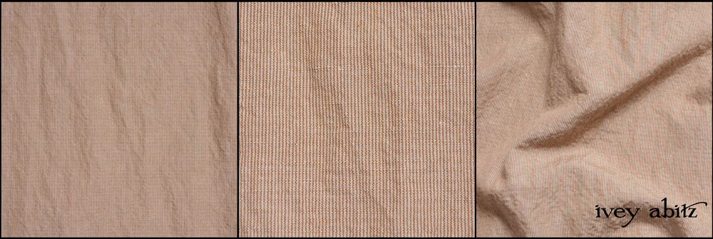Purpose: This weave is ideal for most of our designs in the collection. Best for spring and summer wear, but it can be worn year round. Description: It really doesn't get better than this when it comes to a soft yet hard wearing weave. Its washed and textured look is visually appealing and so easy to wear. A great travel companion because it begs to have texture and creases in it. Its entire existence and character depends upon you wearing it. Don't choose this weave unless you plan on wearing it often. Tiny stripes are yarn dyed with alternating hues of Sun and Sand. Content: 100 percent cotton. Care: Simply hand wash or put through machine delicate cycle in cold water with a plant based detergent. We suggest using a natural fabric softener to maintain the softness we have washed into it. Tumble dry on extra-low heat with our artisan wool dryer balls to keep the relaxed effect that is featured in the Look Book.