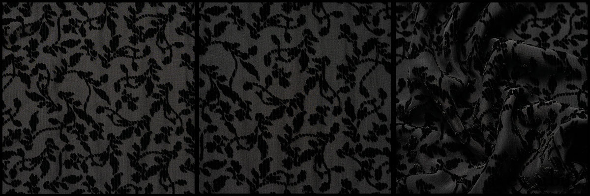 Description: Silk on silk is stunning on stunning. A velvet vine motif is woven atop a silk chiffon base. This combination of semi-tranparent chiffon with the opaque velvet vine is brilliant and so enjoyable to wear. Best suited for our shirts, duster coats, layering frocks, and sashes. Content: 100 percent silk. Four season weave.Care: Simply hand wash or put through machine delicate cycle in cold water with a plant based detergent. We suggest using a natural fabric softener to maintain the softness we have washed into it. Tumble dry on extra-low heat with our artisan wool dryer balls to keep the relaxed effect that is featured in the Look Book.