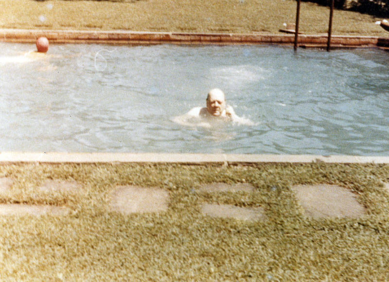 Winston Churchill, sans tophat, taking a swim in the pool beside Stone Cottage during one of his visits to Hyde Park, New York. Photograph courtesy National Park Service.